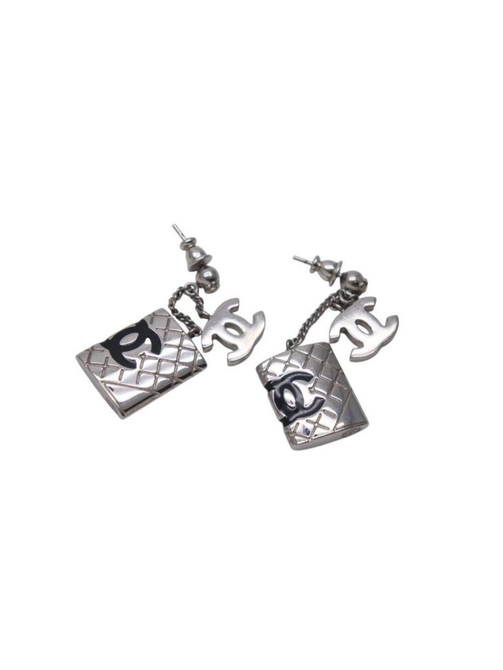Chanel Earrings CC Logo Dangling 95c Metal Silver Black